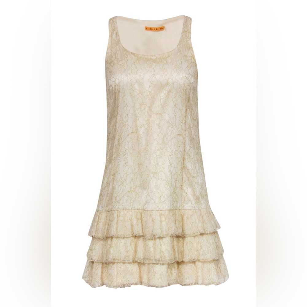 Alice + Olivia Gold Floral Lace Drop Waist Shift Dress Ruffle Hem Small